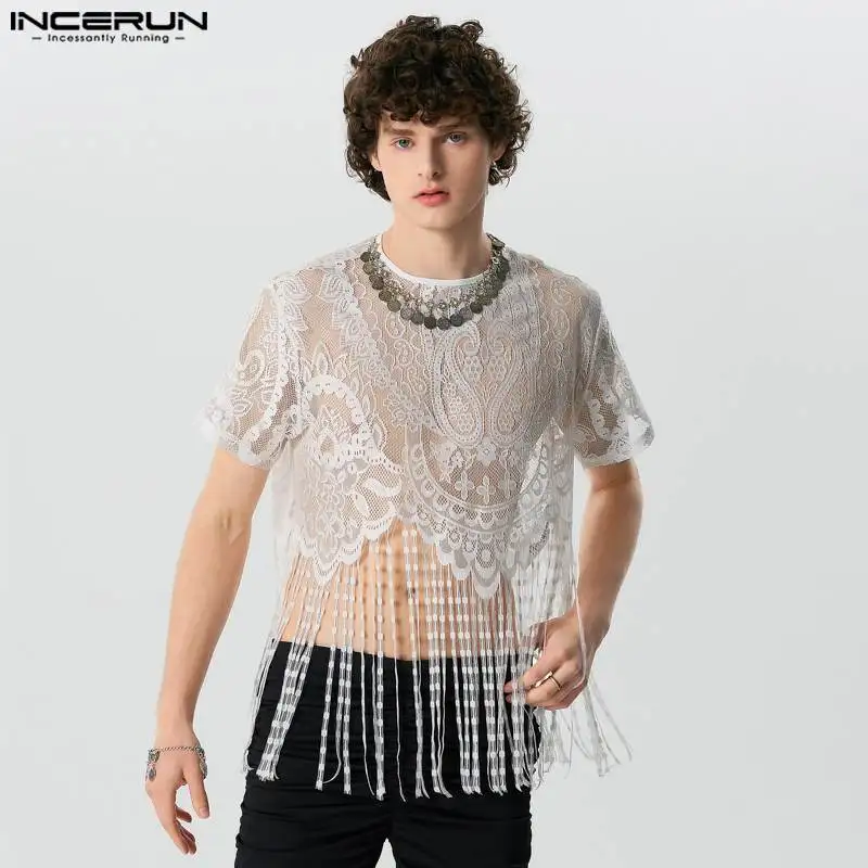 2024 Men T Shirt Lace Tassel O-neck Short Sleeve Transparent Fashion Men Clothing Streetwear Party Irregular Crop Tops INCERUN