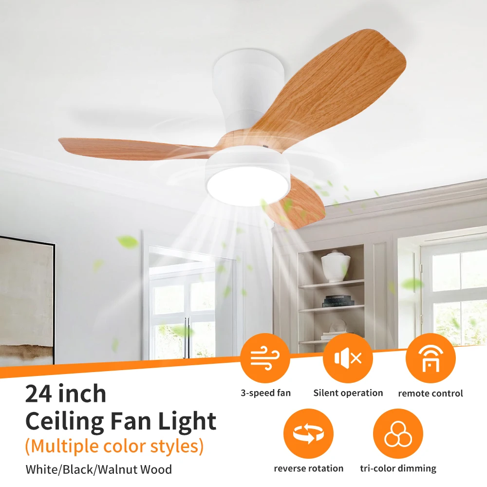 24 Inch Ceiling Fan With Led Light 3CCT Rc Embedded For Bedroom Farmhouse Terrace Kitchen Reversible Dc Silent Motor 110-220V