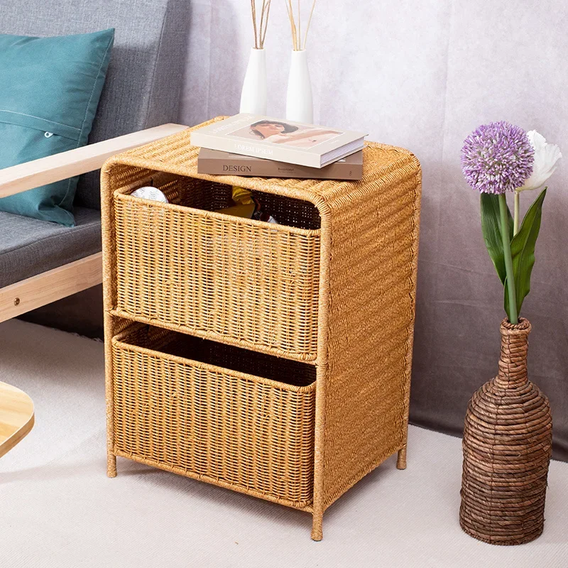 

Rattan Woven Drawer Storage Living Room Side Table,Household Rattan Bedroom Storage Rack,Vintage Woven Chest of Drawers