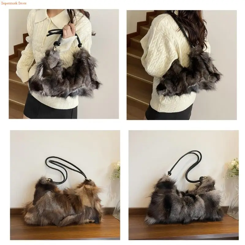 Q5WE luksusowa torba na ramię ze sztucznego futra dla kobiet stylowa, patchworkowa torebka pachami z wygodnym paskiem do