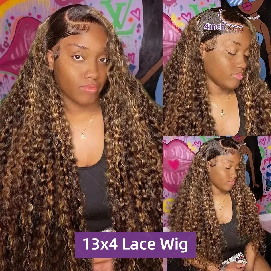 옴브레 블론드 컬리 가발, 루즈 딥 웨이브 레이스 프론탈 가발 (여성용) 13X4 HD 합성 섬유, 프리 플러킹 처리, 파티 및 데일리 착용 가능