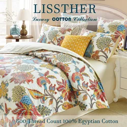 3pcs  600 TC 100% Egyptian Cotton Duvet Cover Set (Without Core), Boho Damask Garden Floral Print, Soft And Skin-friendly