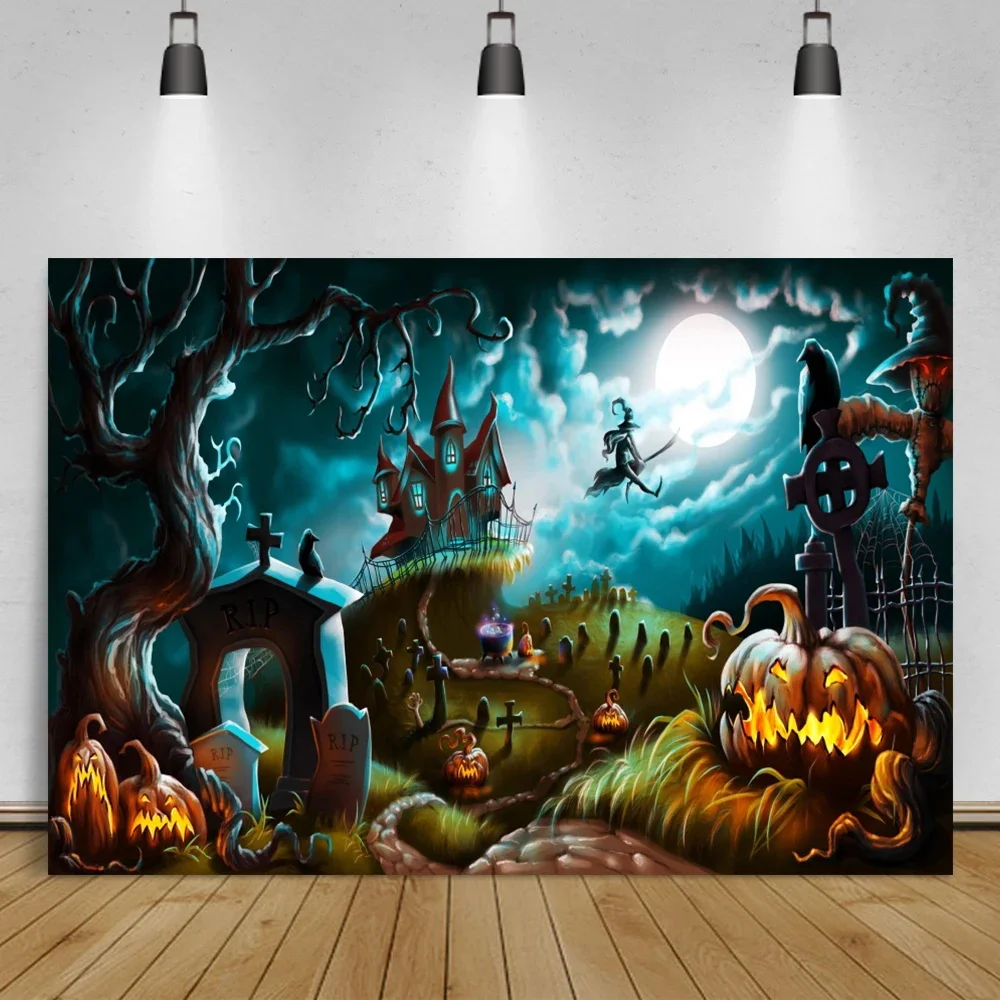 Halloween Backdrops For Photography Tomb Castle Witch Bat Terrible Night Pumpkin Lantern Baby Portrait Backgrounds Photocall