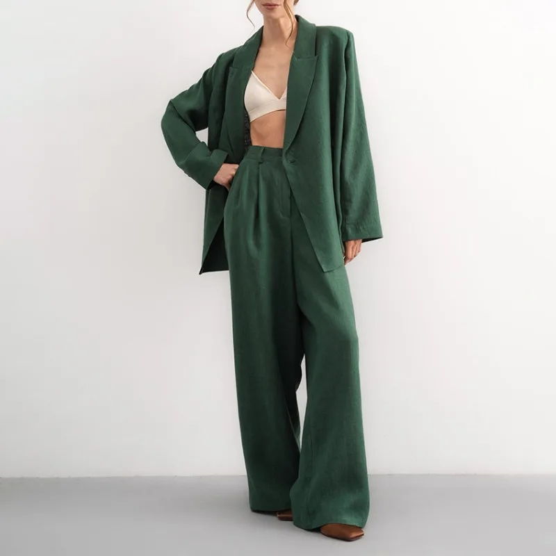 

2025 Autumn New Cotton and Hemp Collar Long Sleeve Pants Set for Women, with a Design and Temperament of Casual Suit