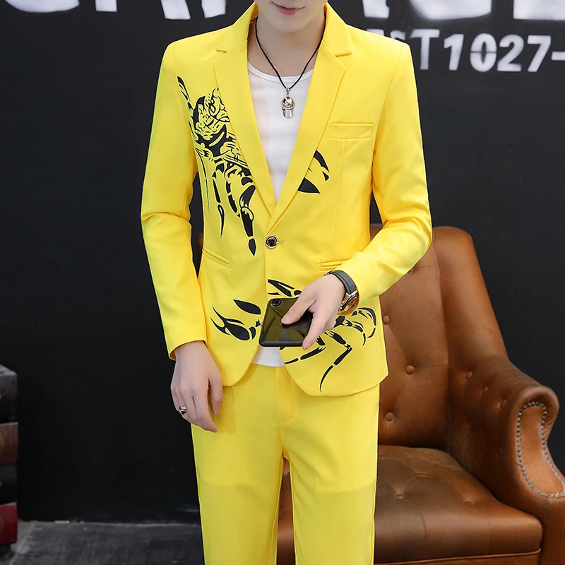 2024 Autumn suit (suit + trousers) Fashion slim dress Korean version of white suit two-piece casual handsome ruffian handsome