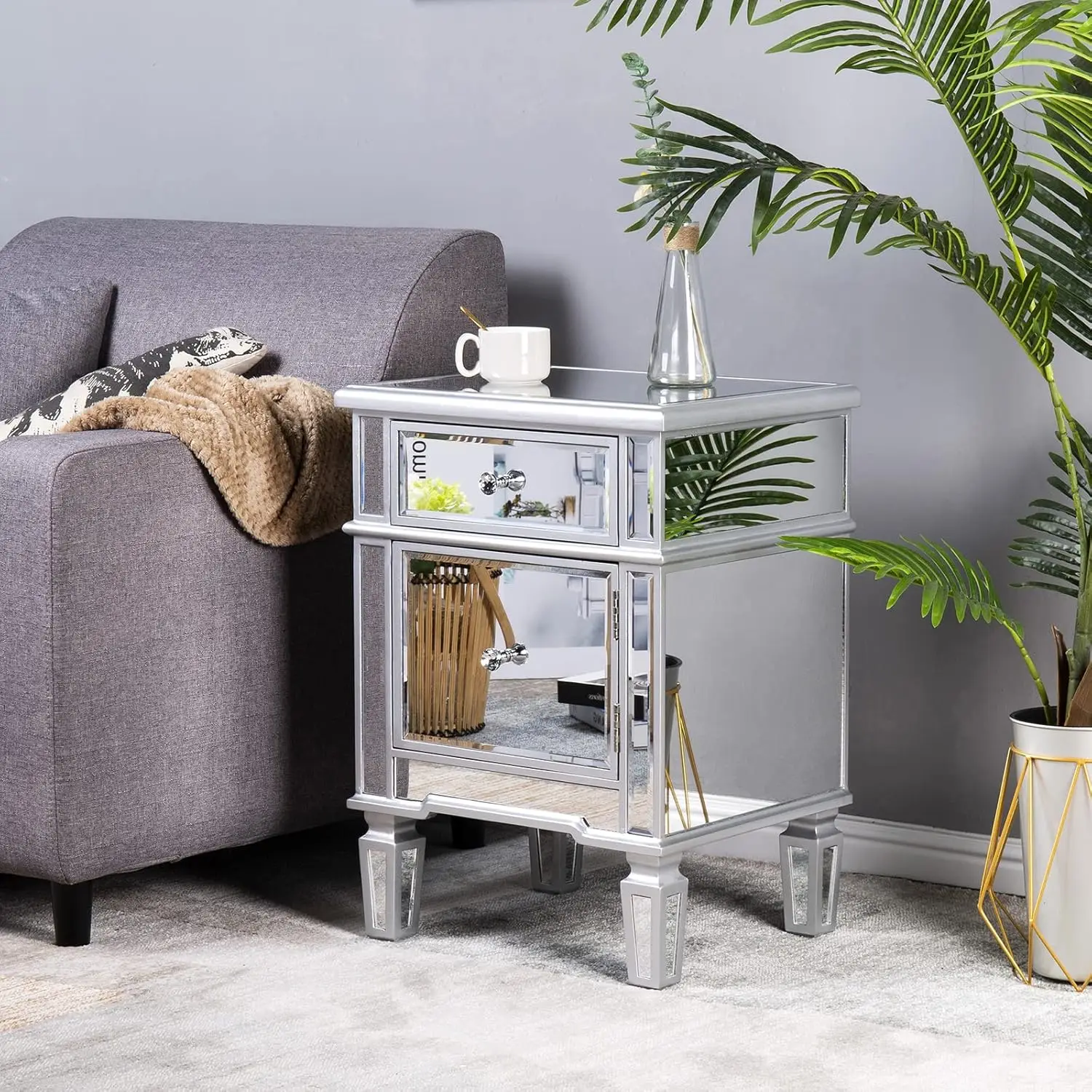 Nightstands Set of 2 Mirrored Side Tables Glass End Table with Drawer for Bedroom, Silver