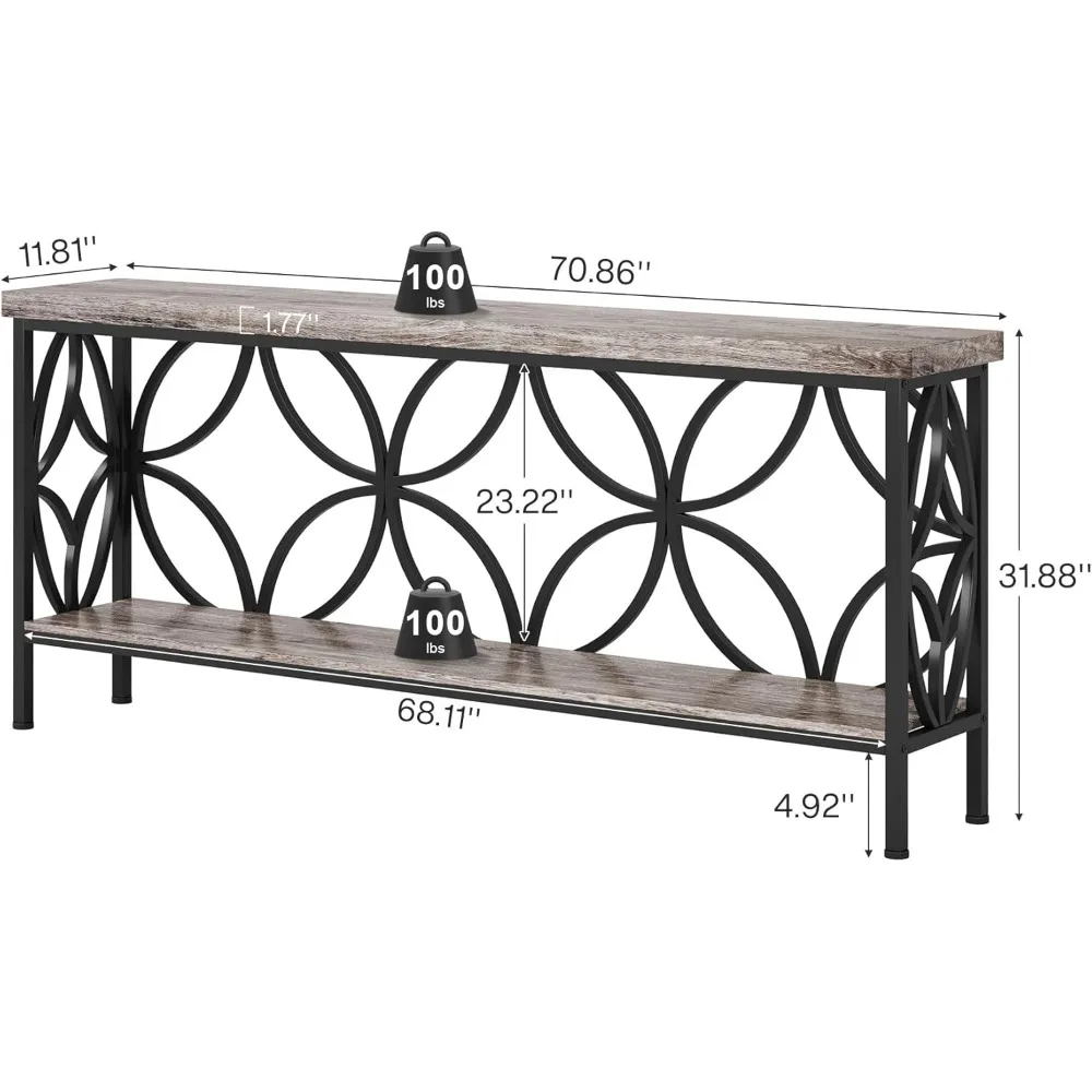 طاولة أريكة صناعية مقاس 70.9 بوصة، طاولة وحدة تحكم ضيقة من طبقتين مع مساحة تخزين لغرفة المعيشة، المدخل، الممر، رمادي عتيق #2