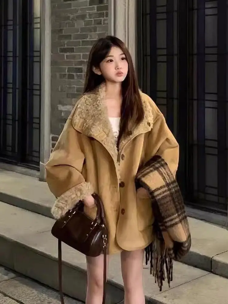 Abbigliamento bifacciale in pelle di agnello Jaet Cappotto di media lunghezza da motociclista allentato da donna Caldo pendolarismo Sle Polyest...