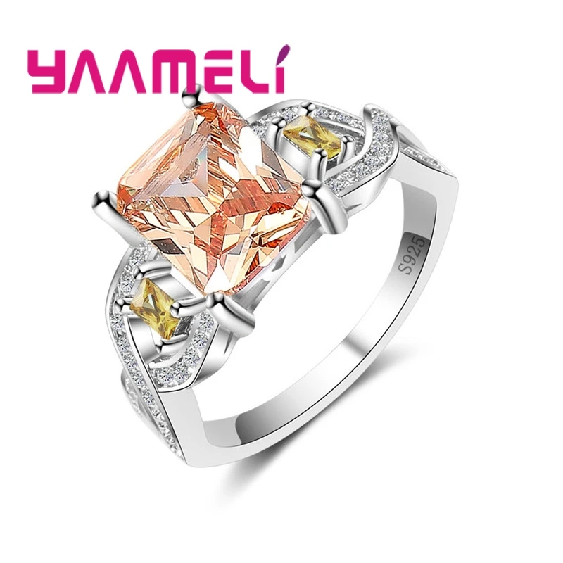 큰 프로모션 도매 사랑 스타일 패션 여성 스퀘어 컷 오렌지 화이트 CZ 925 스털링 실버 컬러 반지 사이즈 6 7 8 9 10