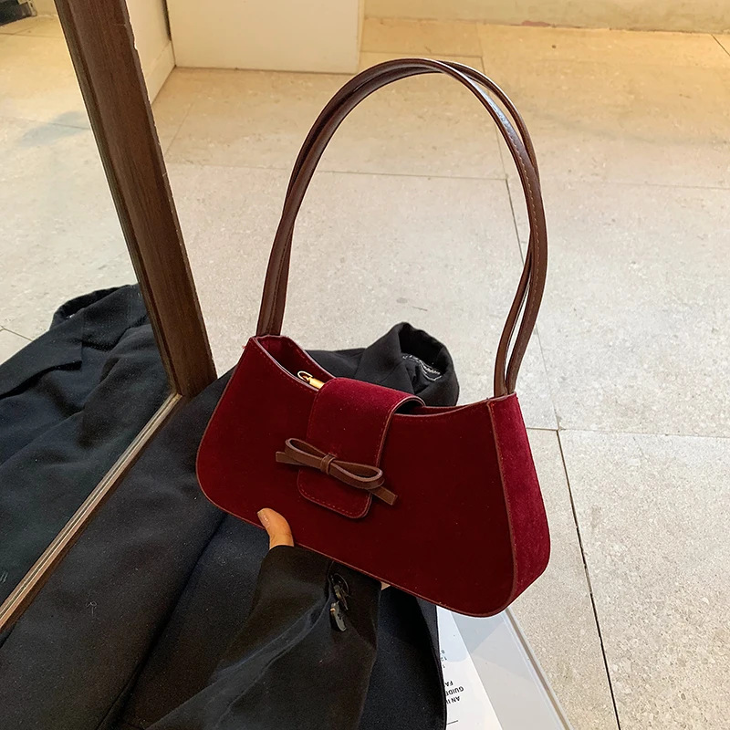 High End Burgundy Frosting Suede Underarm Bag 2024 New Women\'s Elegant Bow Zipper Shoulder Bags Ladies Texture Date Handbag Tide