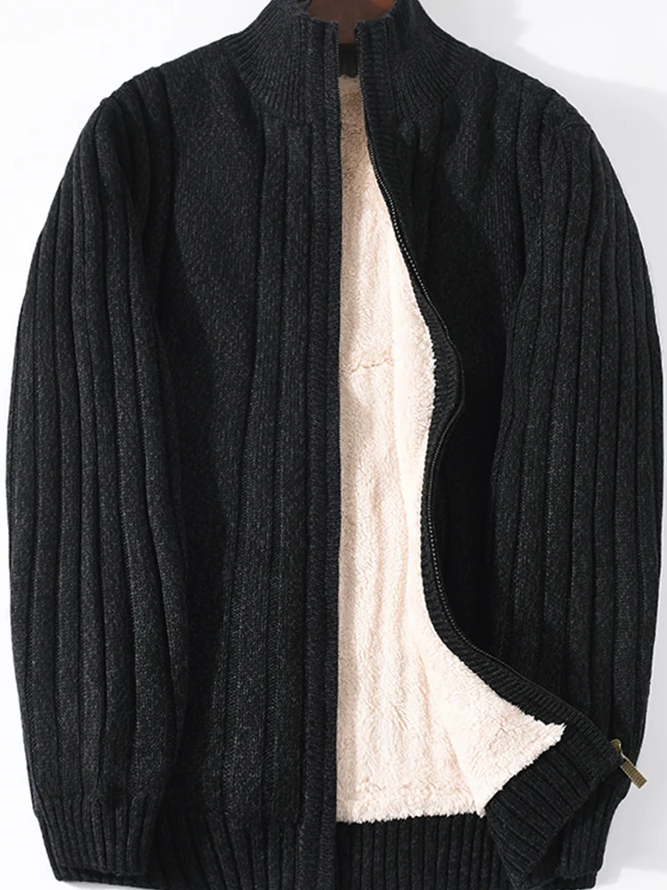 Outono inverno listrado design engrossado velo azul preto camisola masculina gola fino ajuste casual cinza malha cardigan