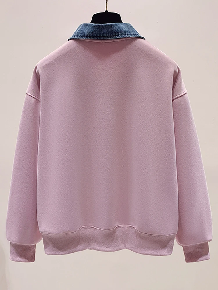 Denim Splicing POLO Collar Pullover Print Sweatshirt Zipper Fall Winter Long Sleeved Top Fake Two-piece Streetwear Style Casual