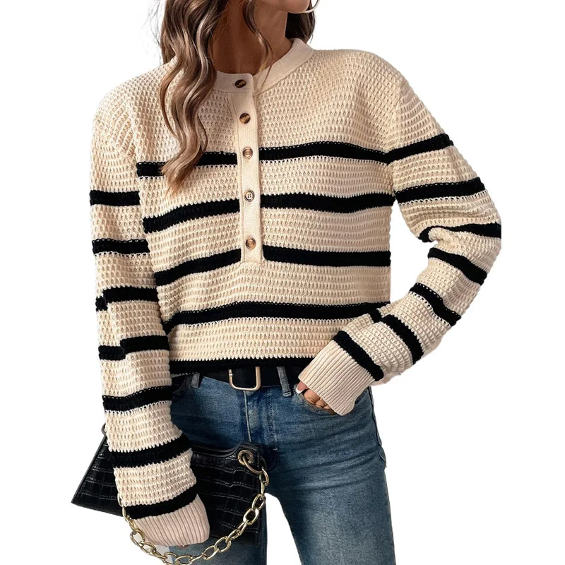 

Autumn Button-Detachable Striped Cozy Loose Sweater
