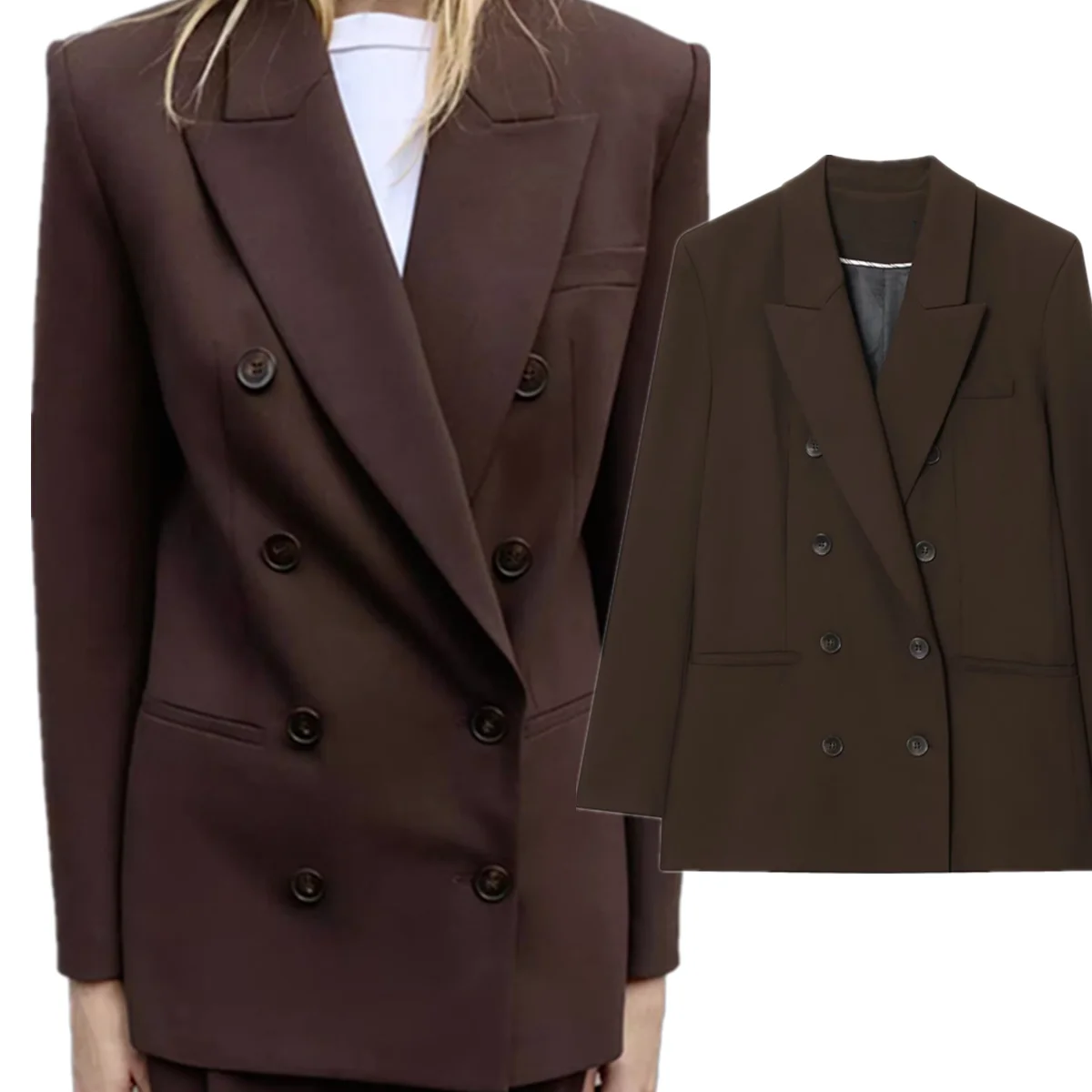 

Dave&Di Ropa mujer Pad Blazer French Vintage Women's Brown Double Breasted Blazer Jacket Women's Jacket Woman Clothes Tops