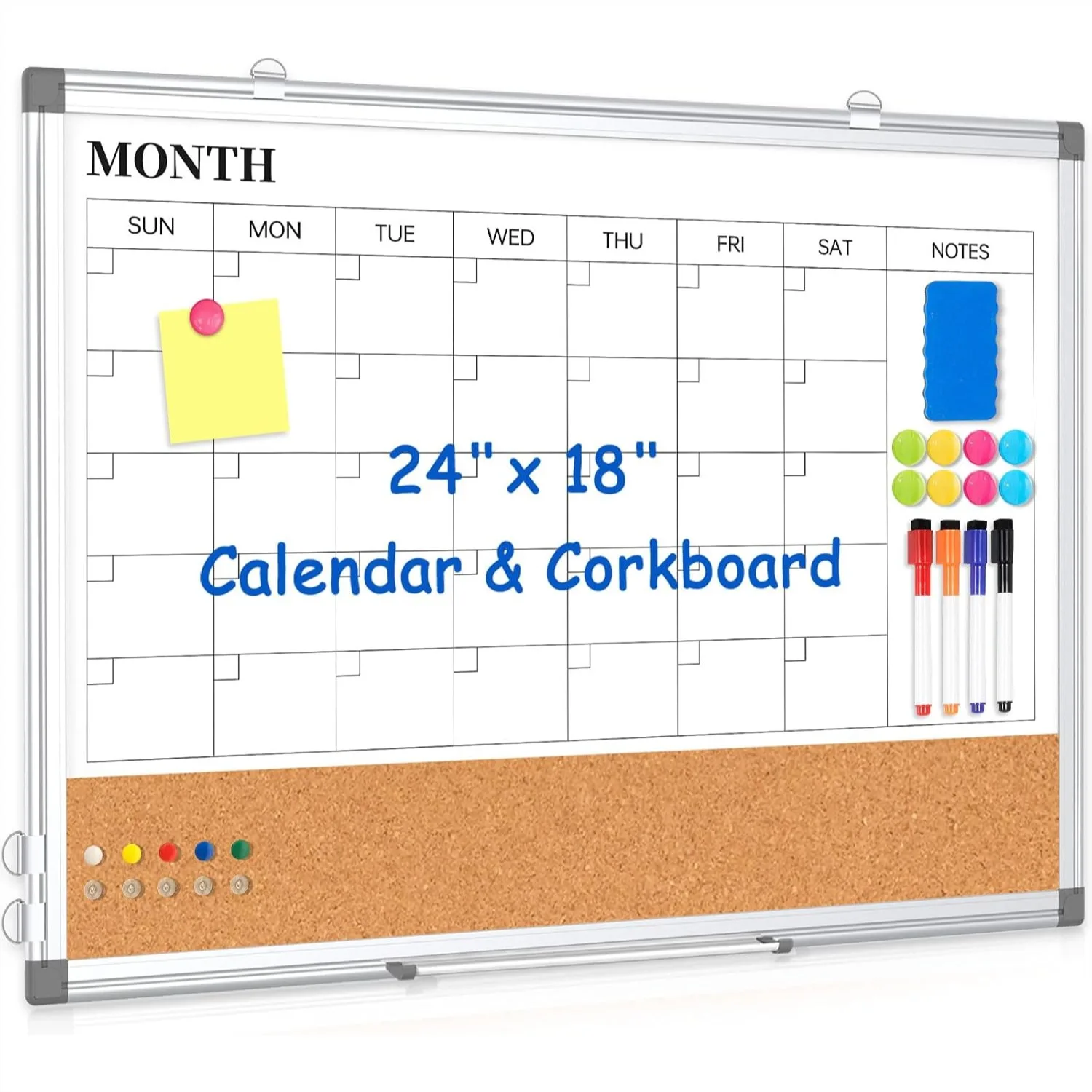 

Monthly Calendar Whiteboard Dry Erase Cork Board Combo for Wall, 24x18 Double-Sided Magnetic White Board with Markers, Hooks &