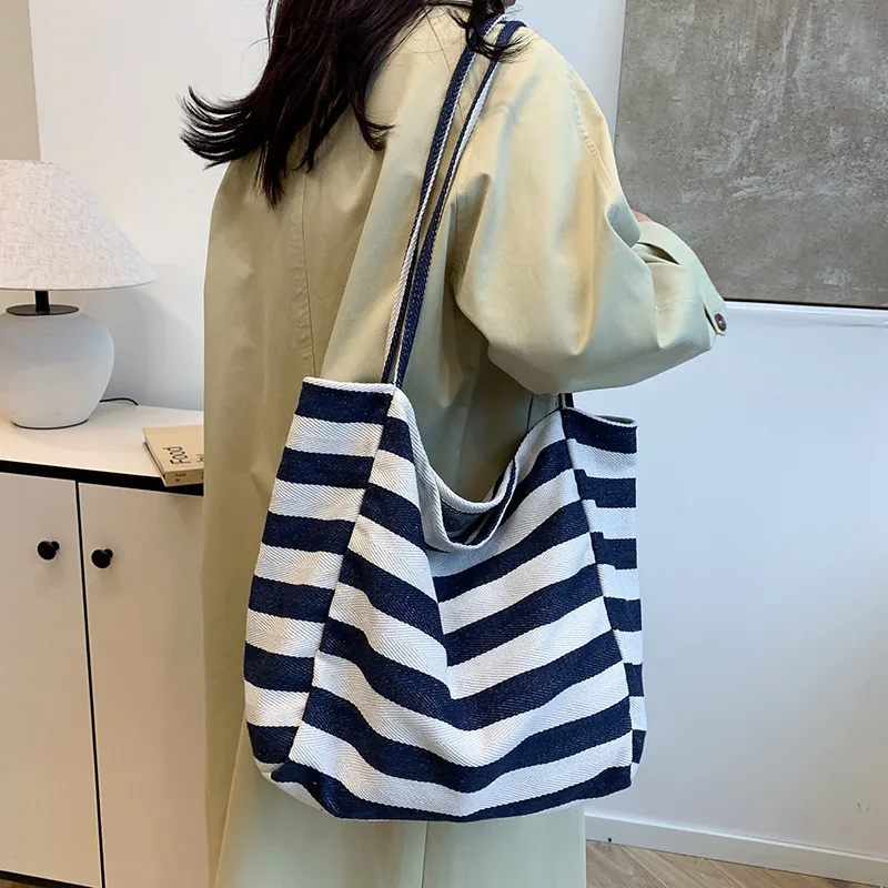 

Striped Fashion Multi Functional 2024 New Canvas Large Capacity Leisure Bag Women's Handbag