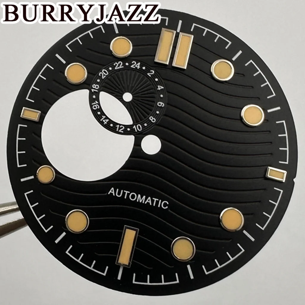 BURRYJAZZ 31mm No Logo NH39 Watch Dials Silver Black Blue Dial Green Luminous 3 O\'clock Case Crown