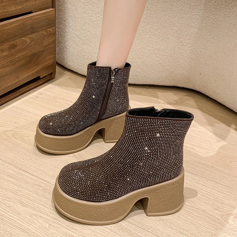 Women's Short Boots Winter New High-heeled Short Plush Full Diamond Leather Boots Fashion Increase Warm Professional Shoes