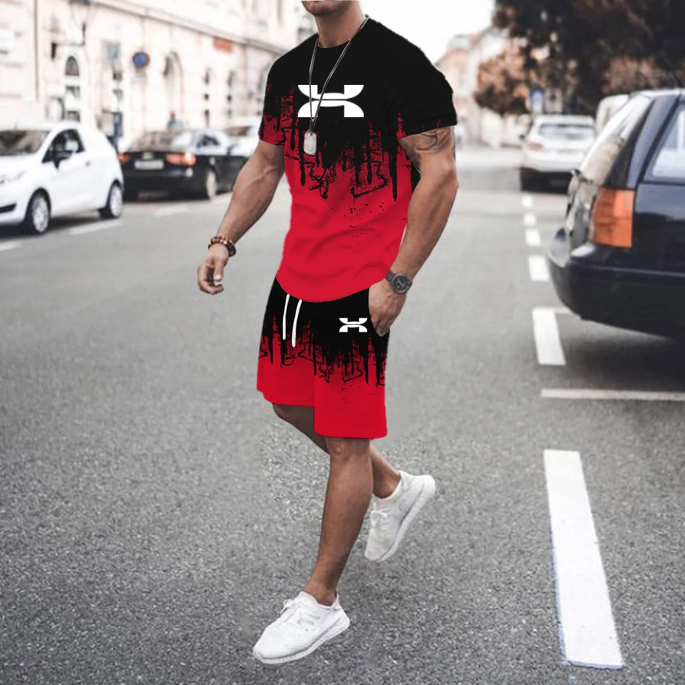 Summer men\'s Clothing Two Pieces Sets Mens Casual Tracksuit Men Print short sleeve Sets mens t-shirt+shorts Fitness Sportswear