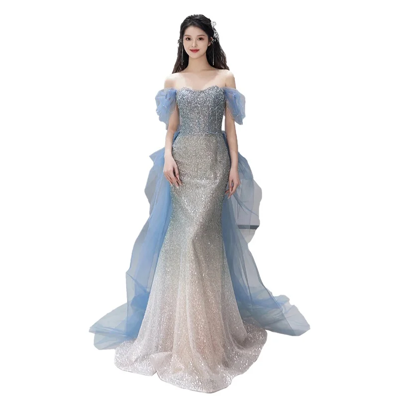 Ele Chorus Performance Gown One oulder Fi Tail Dr Luxury Host Wedding Dr Ele Long Skirt for Par Perfor...