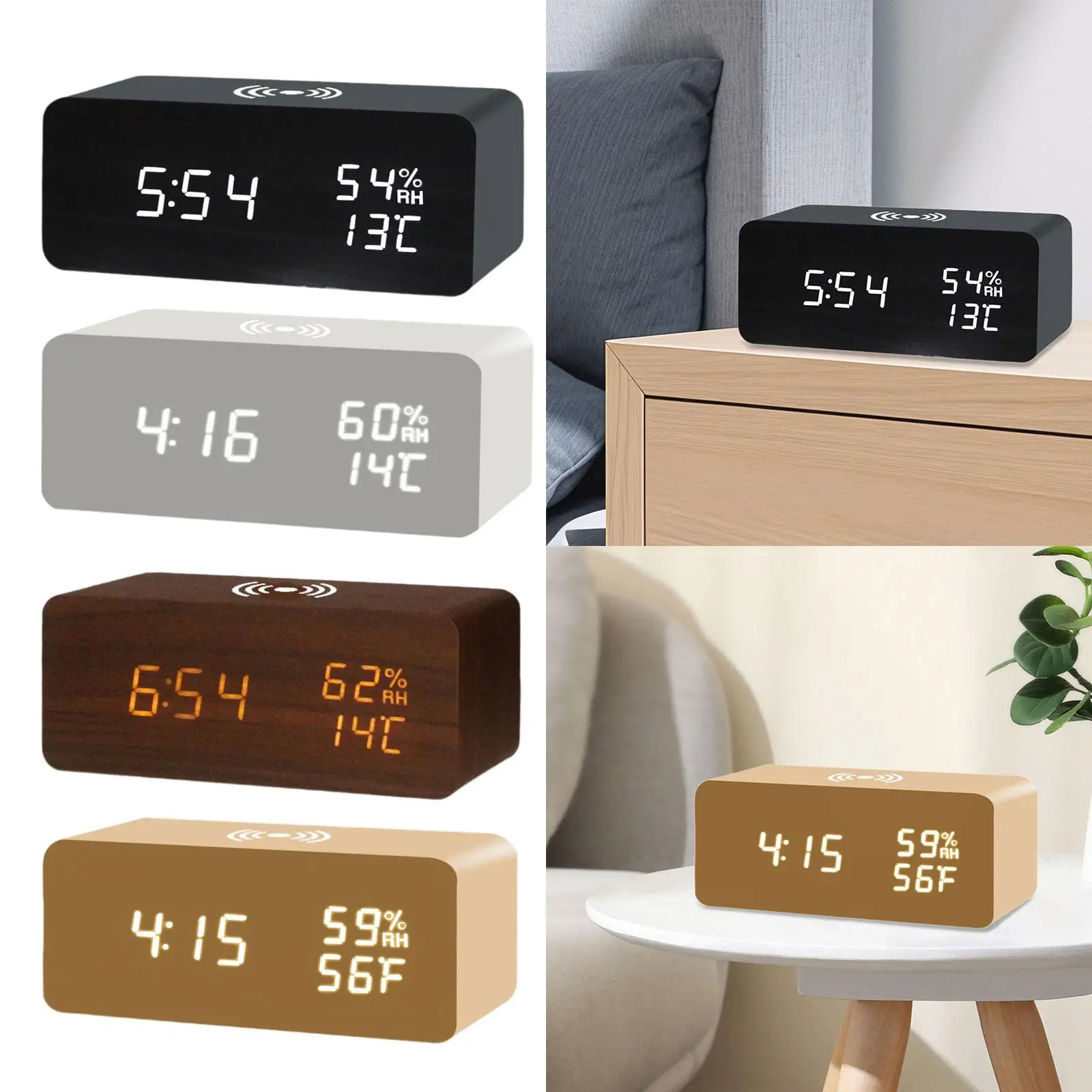 LED Digital Alarm Clock Wireless Charger Station Brightness Adjustable Table Clock for Bedside Office Tabletop Living Room Study