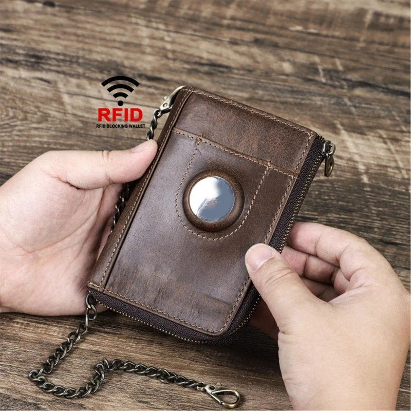 Men's Wallet Luxury New Genuine Leather RFID Small Wallet Key Holder Airtag Case Male Purse Zipper Coin Pocket