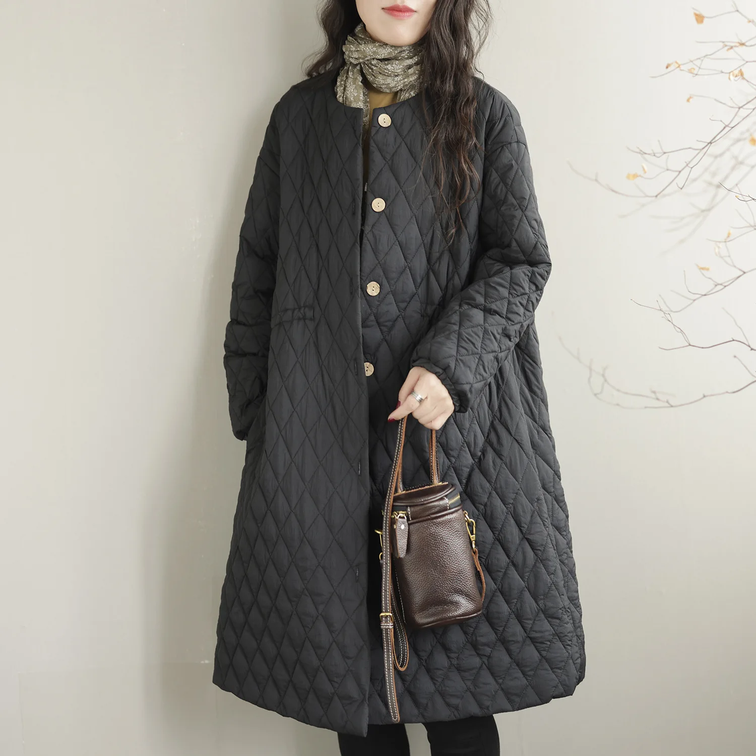 Winter Cotton Coat Women Loose Mid-Length Diamond Quilted Solid Outerwear Jacket Spring Summer Cotton Coats