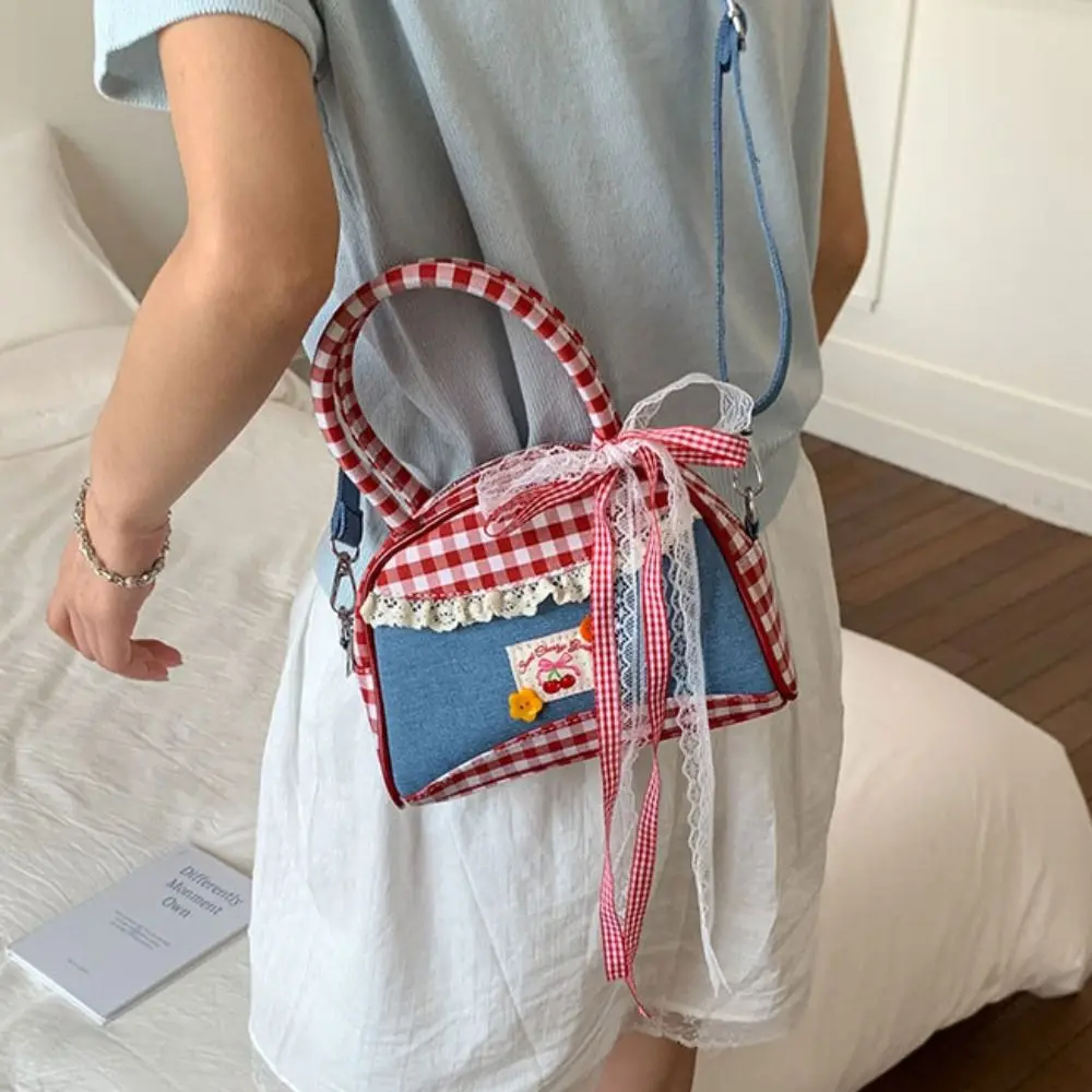 

Vintage Lovely Lattice Bowling Bag Rural Style Bow Denim Plaid Handbag Commuting Leisure Sweet Crossbody Bag Gifts