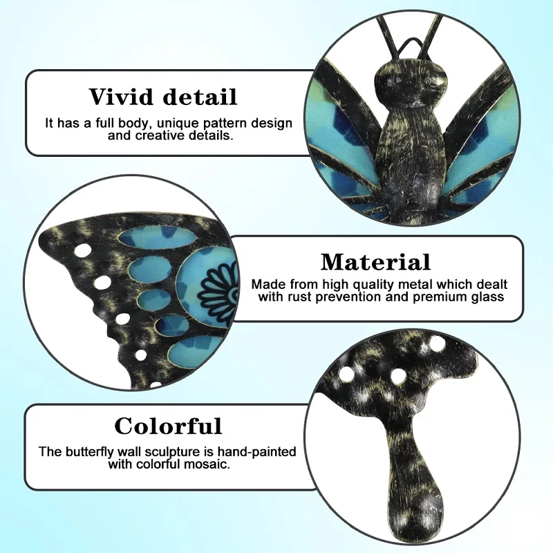 Metal Butterfly Wall Decoration Glass Outdoor Wall Art Sculpture Hanging Garden Decoration Indoor Home Decoration of Patio