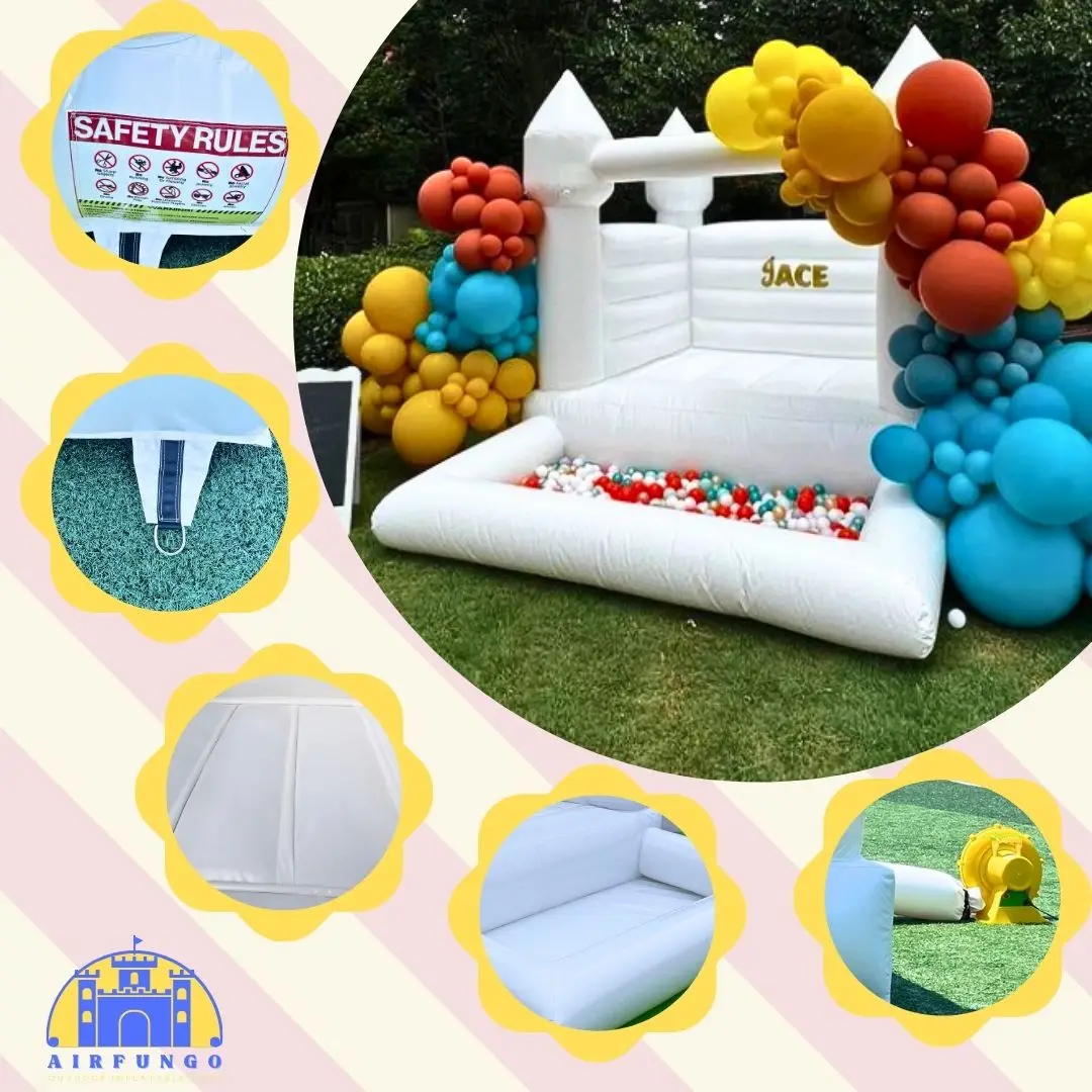 Opblaasbaar wit springkasteel, 10x8x8ft PVC springkasteel met ballenbak voor peuter kinderen verjaardag, bruiloft maatwerk