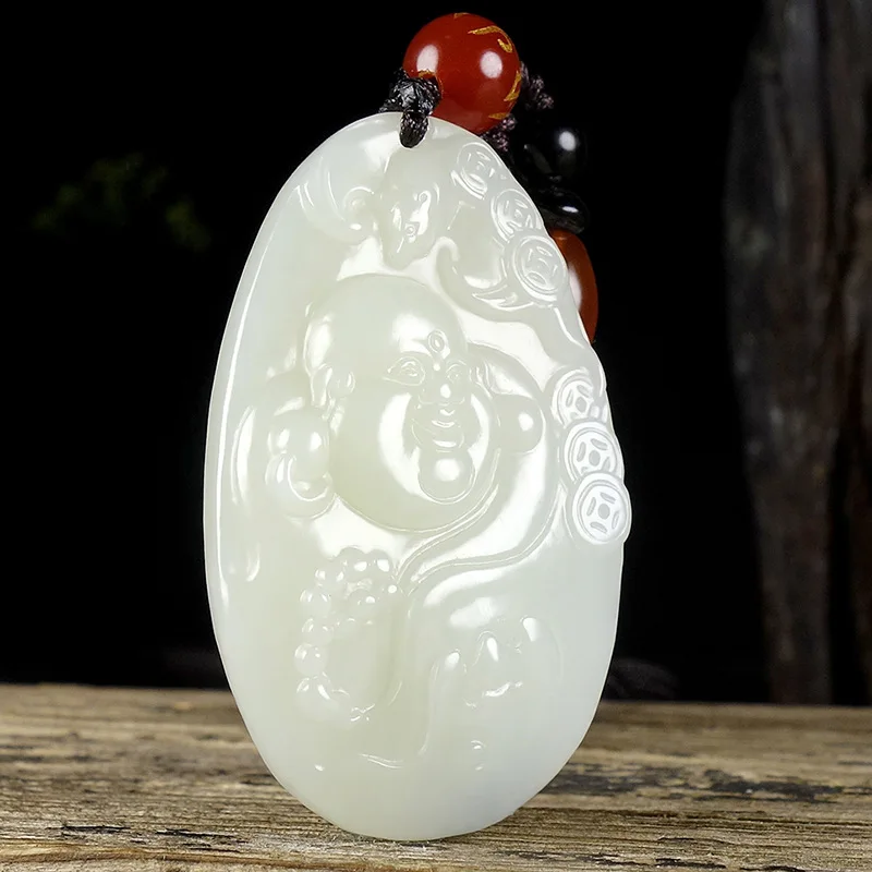 

Ювелирные изделия из натурального нефрита Хэтянь, нефрит, благословение спереди, кулон Майтрейя, смеющийся Будда, кулон