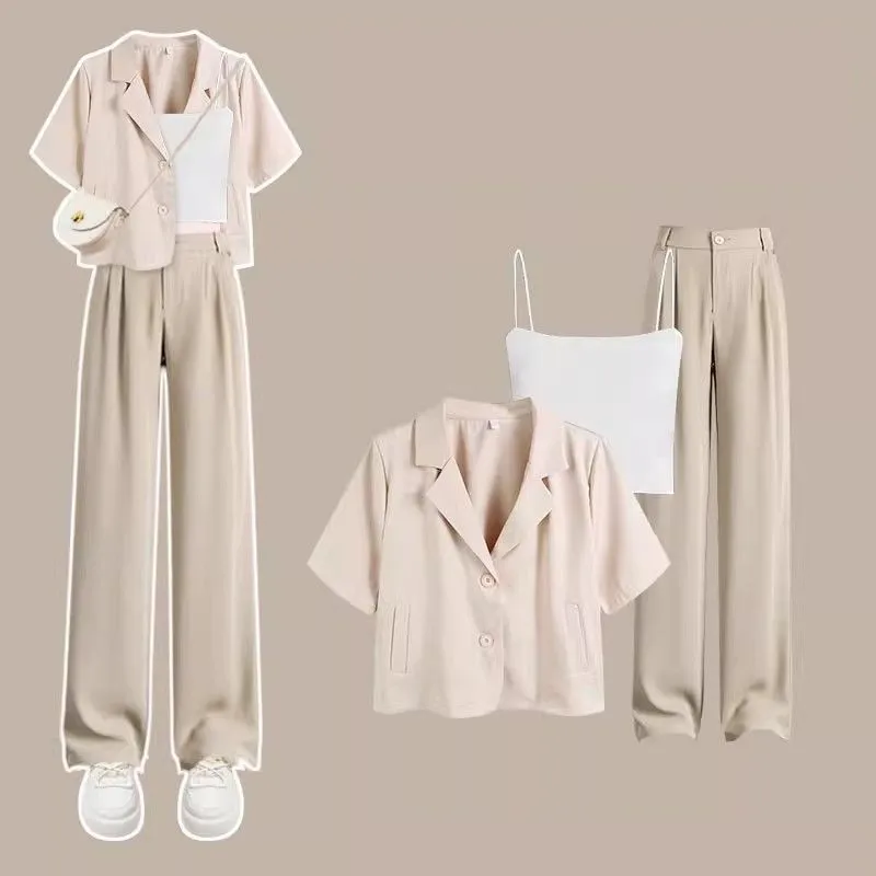 Women\'s Summer New Casual Short-sleeve Top Pants Matching Set Korean Elegant Thin Coat+suspender+suit Wide Leg Trousers 3 Piece