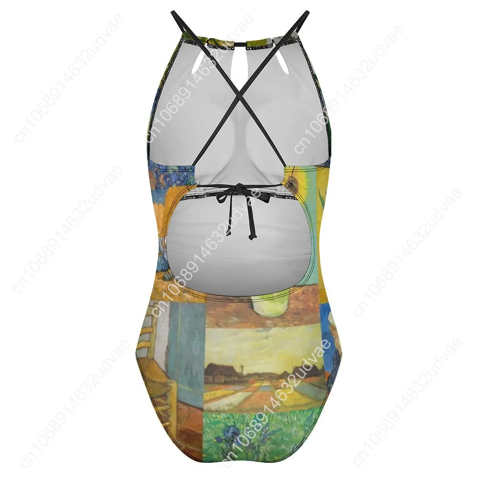 Van Gogh Collage traje de baño Sexy estampado de girasoles mujeres traje de baño de una pieza dulce trajes de baño surf Push Up Halter Monokini