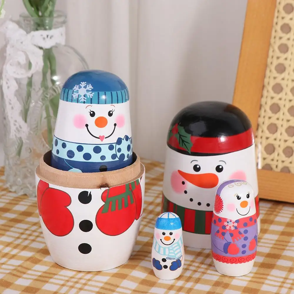 Handicrafts 5Pcs/Set Xmas Matryoshka Doll Smooth craft Snowman Russian Doll Safe Wood Christmas Nesting Dolls Kids