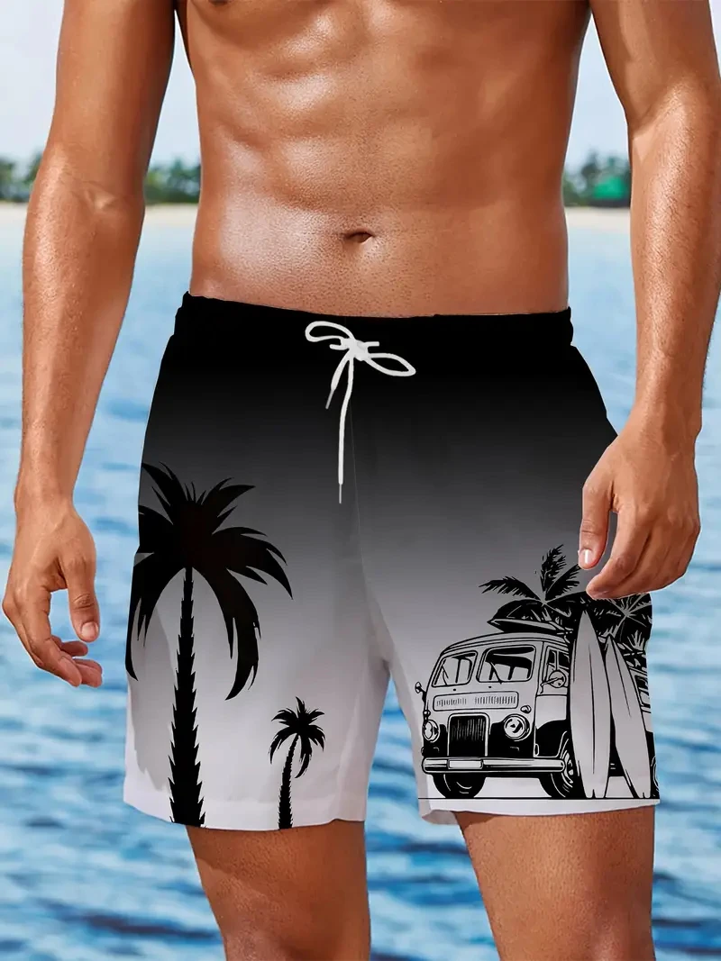 Summer Coconut Tree Pattern Swim Trunks For Men Fashion Beach Vacation 3D Printed Hawaiian Short Pants Loose Breathable Shorts