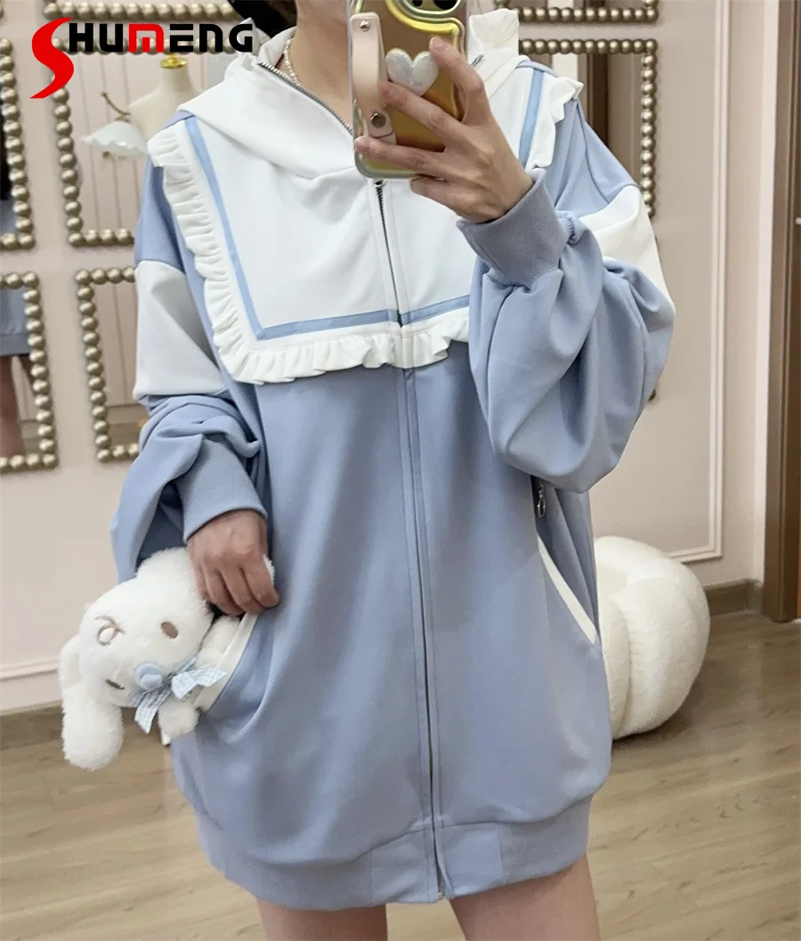 Cute Water Color Hooded Sweatshirt Coat Two-Way 2024 Spring New Japanese Style Sweet Long Sleeve All-Matching Hoodies Female