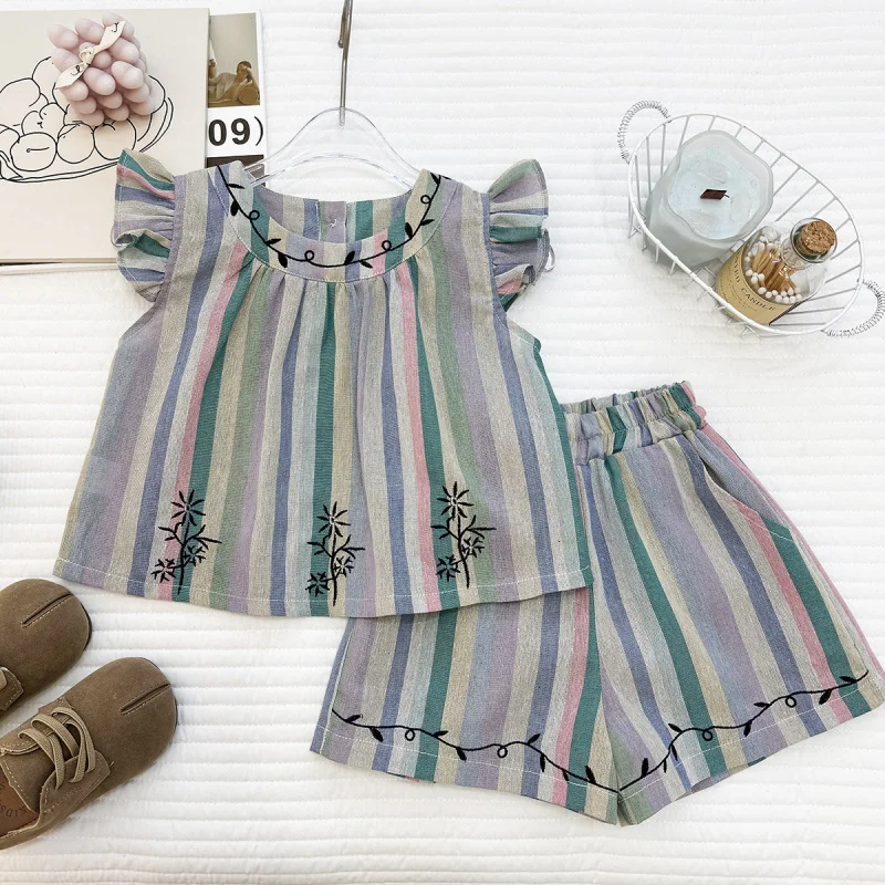 

Girls Suit2026Summer new striped embroidered floral tank top and lace shorts casual two-piece set