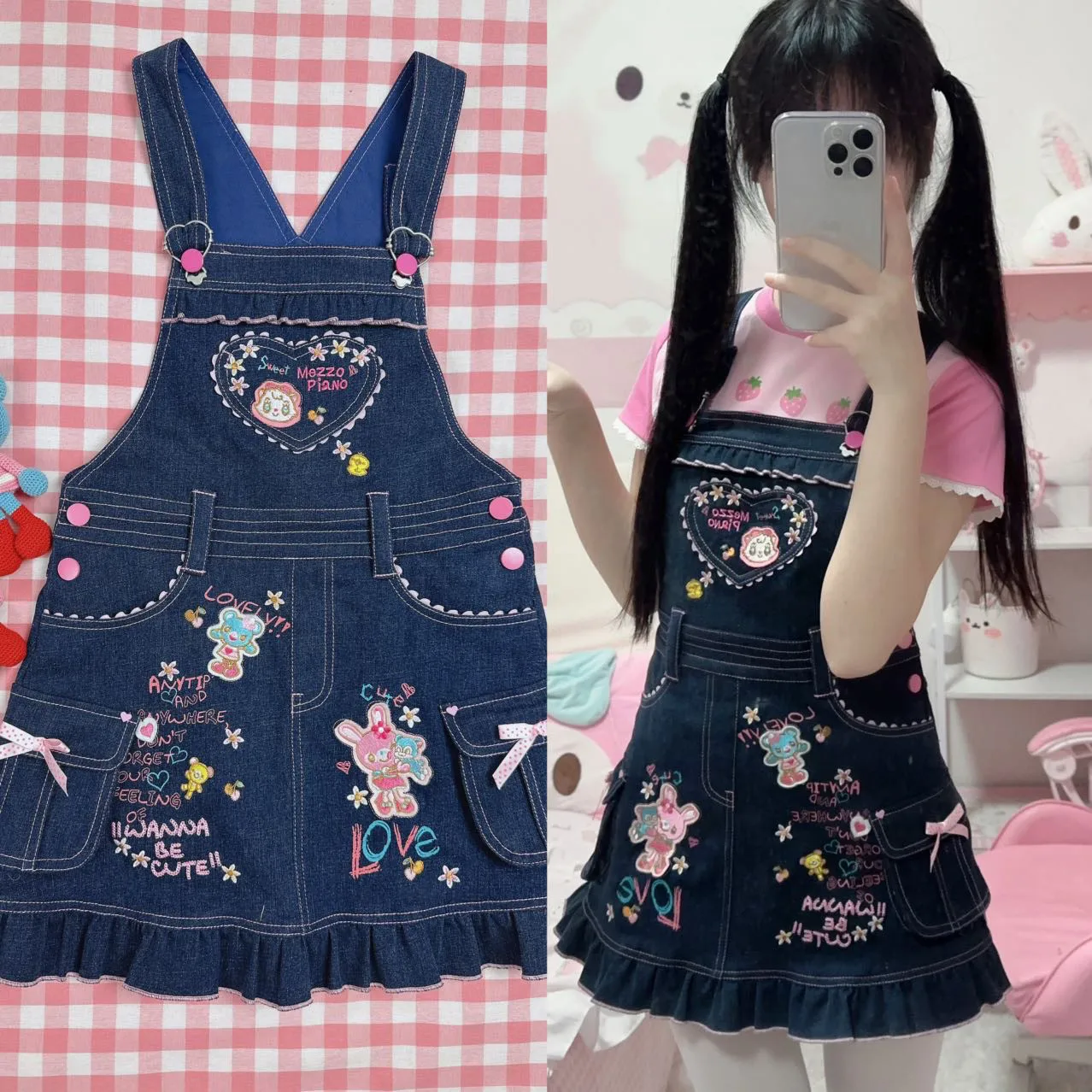 Vestido de mezclilla retro Y2K para niñas, vestido con tirantes bordados y lindos, estilo Harajuku dulce y suave para uso casual.