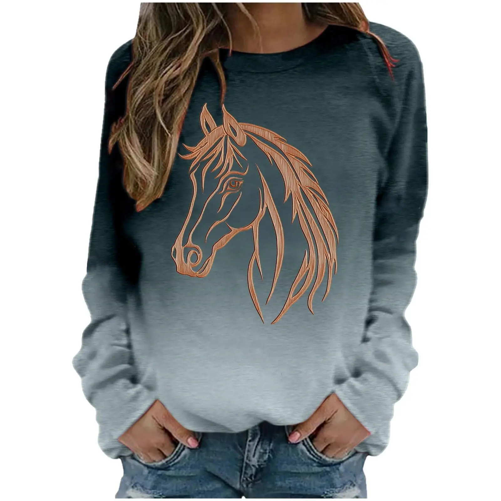 

Vintage Women’s T Shirt Horse Print Tees Long Sleeve Crew Neck Pullover Tops Casual Loose Shirts for Riding Horse Lover