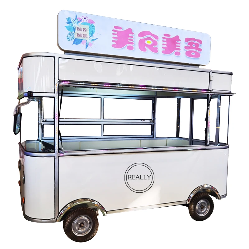 รถบรรทุกอาหารไฟฟ้าห้องครัวมือถือพร้อมโลโก้และสี Fast Snack กาแฟสุนัขร้อน Bubble Tea รถเข็นอาหารสําหรับขายปรับแต่งได้