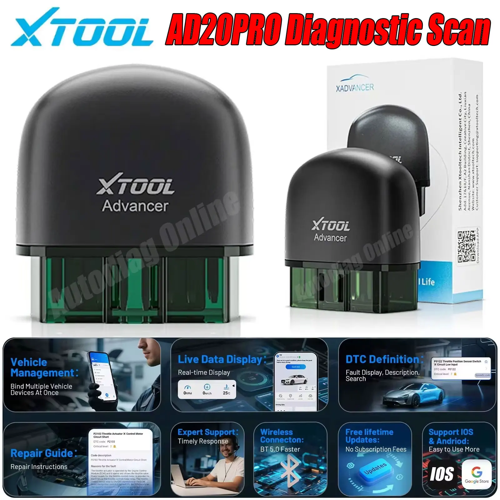 

Автосканер XTOOL AD20PRO с Bluetooth, полный набор функций для диагностики автомобиля, сброса масляного фильтра и тестирования аккумулятора, считыватель кодов, обновленная версия AD20