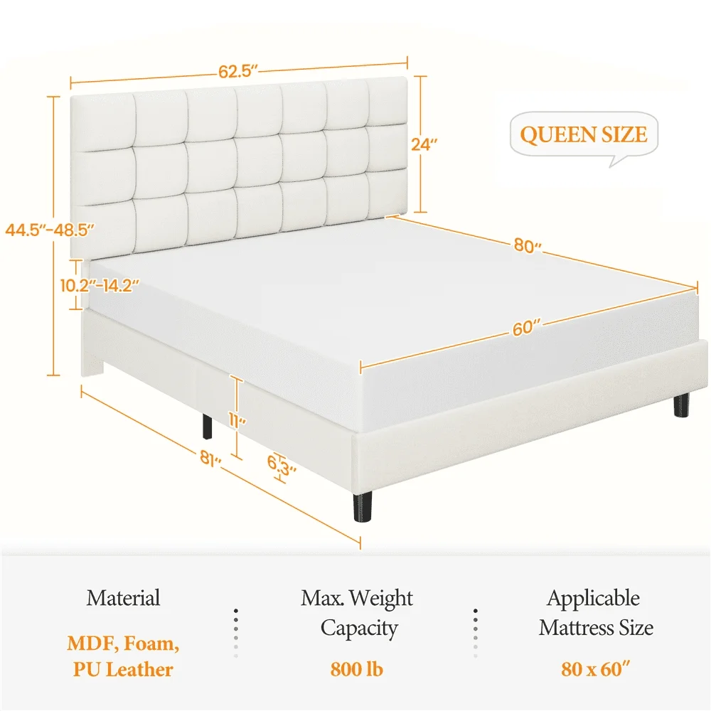 Cama acolchoada estofada plataforma, cama queen bege
