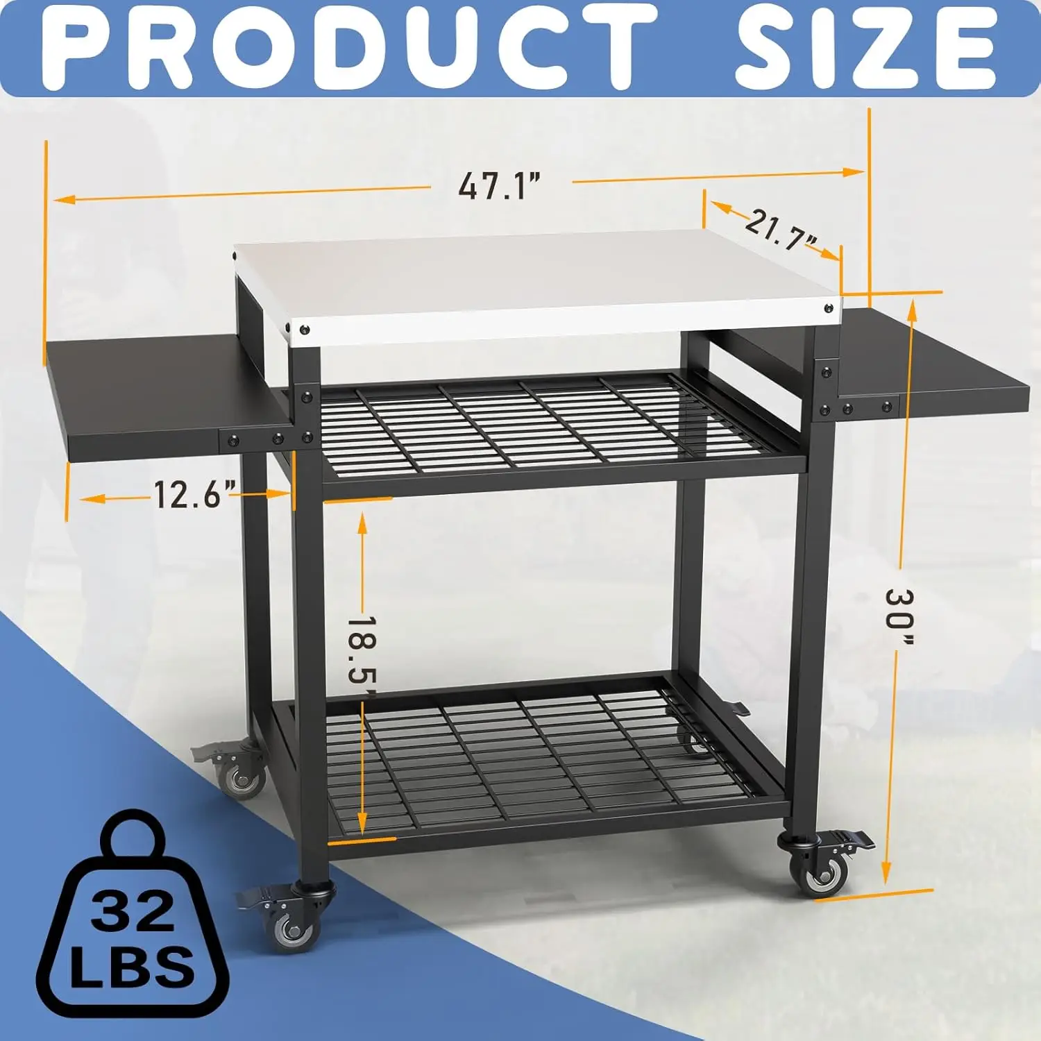 Mesa de grelha ao ar livre em aço inoxidável, Mesa móvel para pizza, Grill Cart, Ilha de cozinha ao ar livre, 3 prateleiras