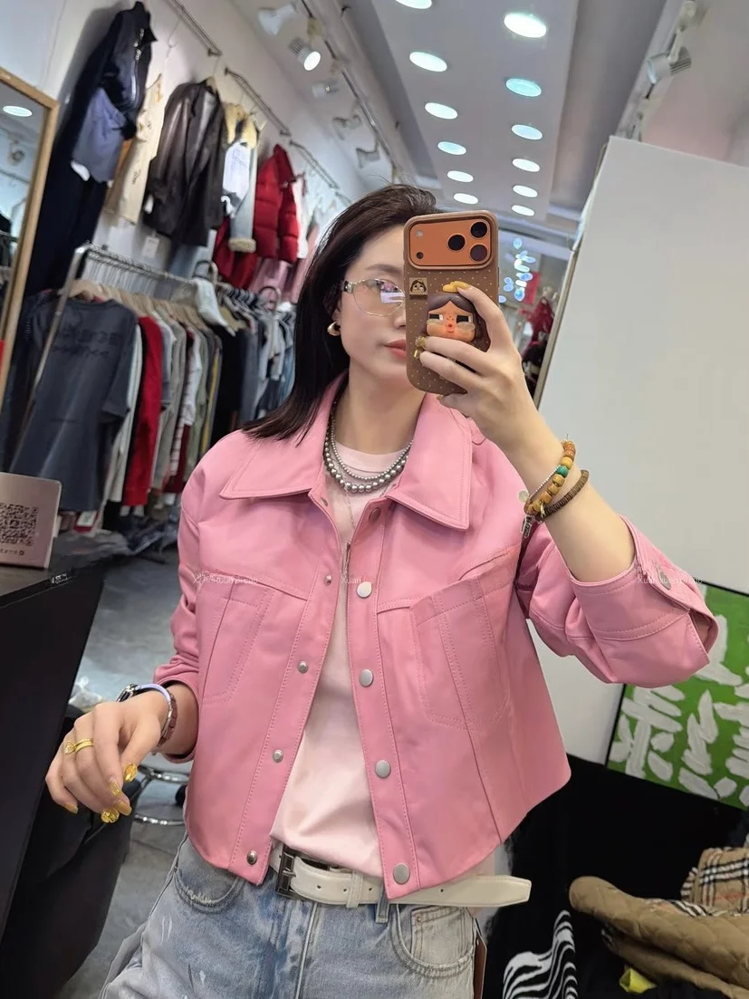 

Spring 2026 Vintage Hong Kong Sle Loose Motorcycle Leather Jaet Women's Biker Jaet Stand Collar ort Zipper Coat