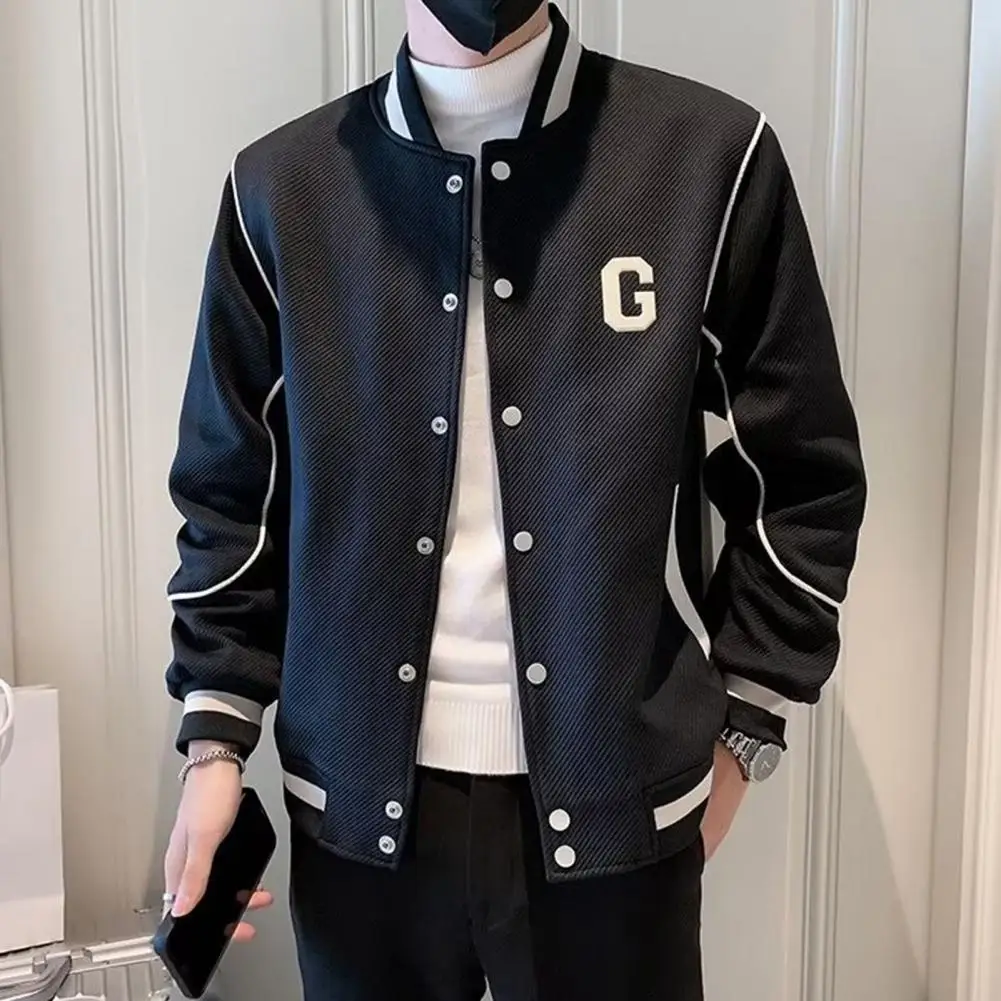 

Men Baseball Coat Long Sleeve Single-Breasted Jacket With Letters Print Baseball Collar Outdoor Sports Hip Hop Inspired Jacket