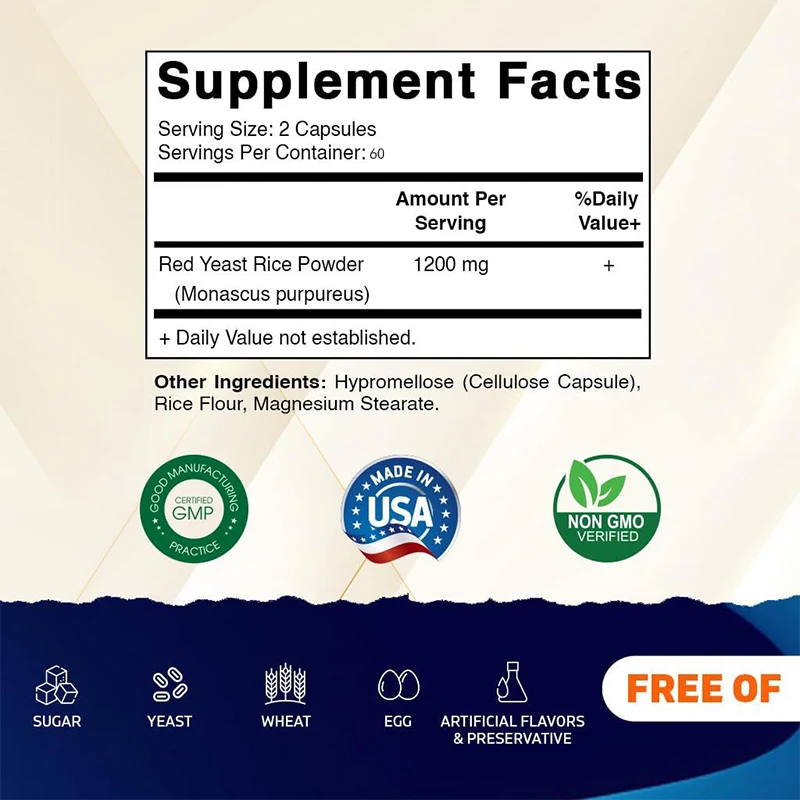 Red yeast rice 1200mg/portion, 60 vegetable capsules, non GMO and gluten free