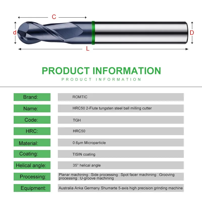 ROMTIC TGH-HRC50 carburo di acciaio al tungsteno per fresa in acciaio 2F rivestimento ad anello colorato CNC Mechanical Ball End Endmills Tools