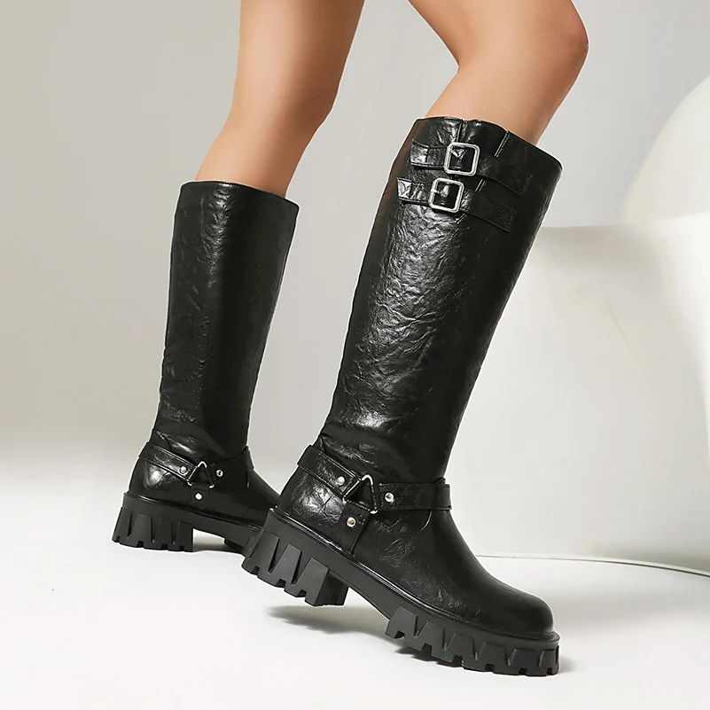 Rivet Ankle Triangular Buckle Double Row Buckle Slip on Classic Knight Boots Round Toe Mid Heel Retro Mid-Calf Boots