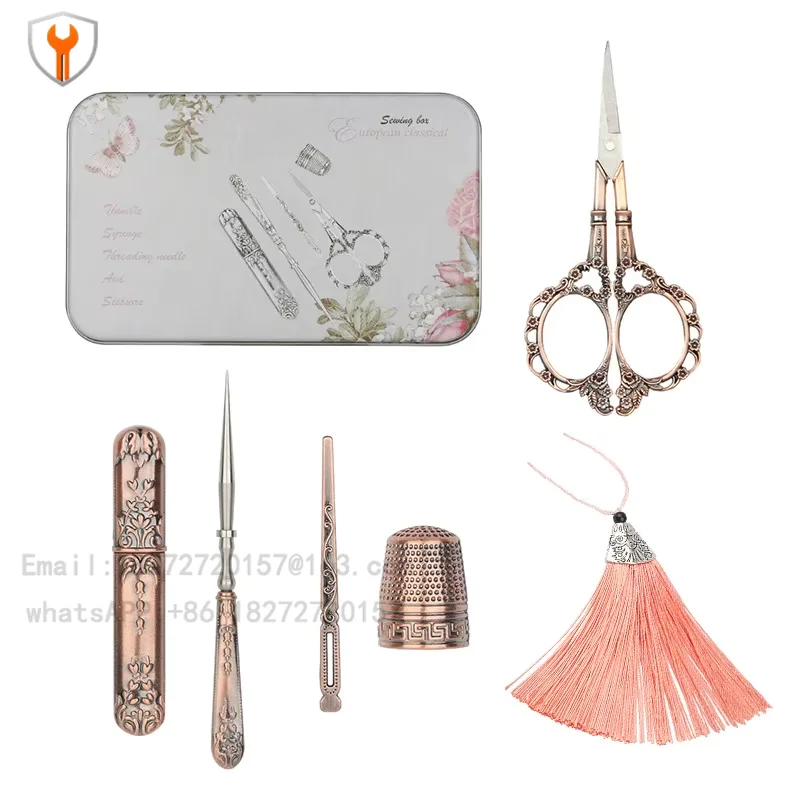 Vintage Sewing Kit Stainless Steel Scissors Set Cone Needle Set Needle Storage Box DIY Embroidery Tools Sewing Concept