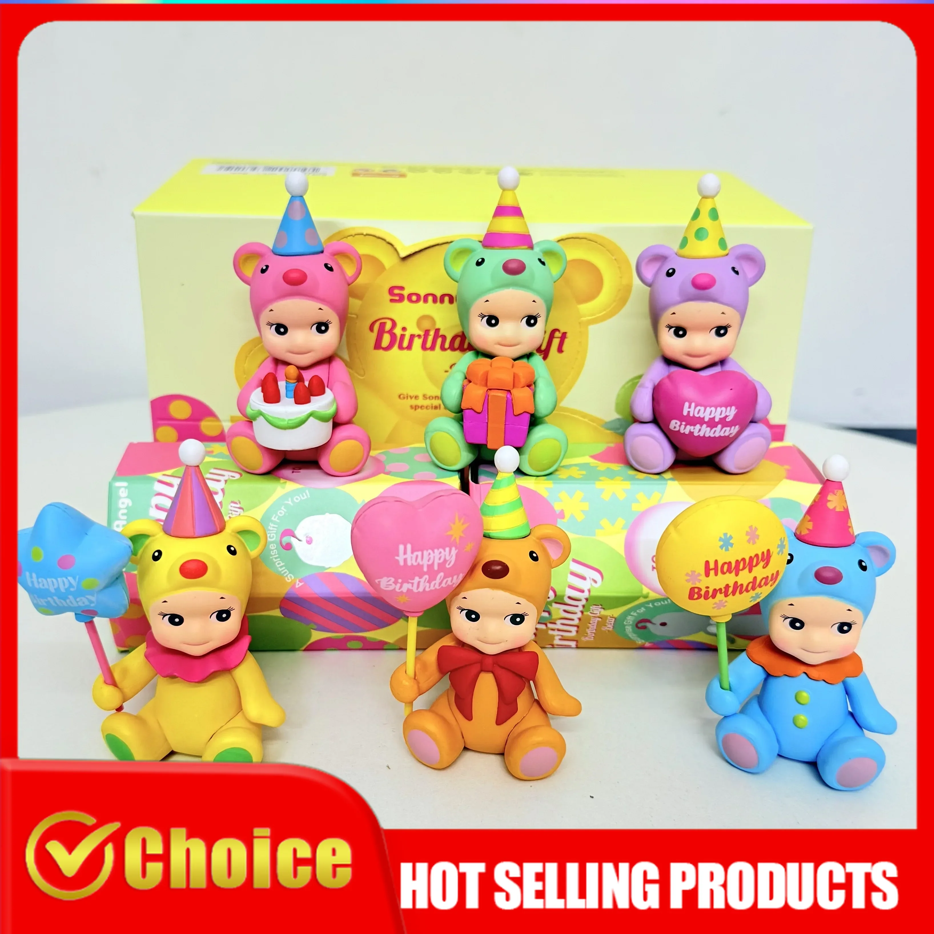 

6Pcs Box Sonny Angel Happy Birthday Bear Series Collection Doll Cute Mini Figure Toy Gift for Kids Birthday Party Decoration